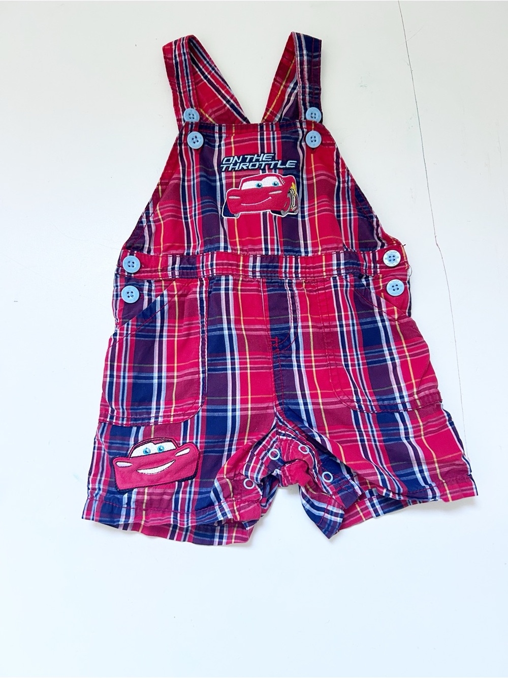 Vintage Disney Cars Red and Blue Plaid Lightning McQueen Overalls Cotton 12-18